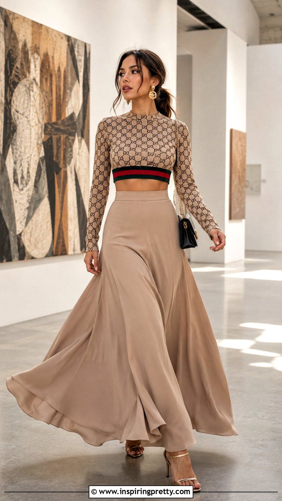 Long Sleeve Gucci Crop Top With Maxi Skirt - 20 gucci crop top women outfit ideas