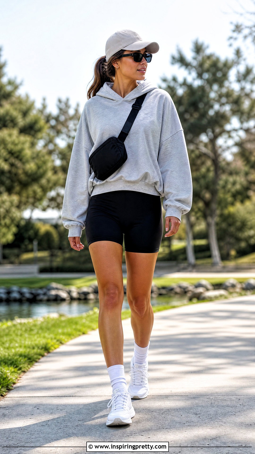 Long Sleeve Hoodie Top With Biker Shorts - 50 long sleeve tops outfit ideas