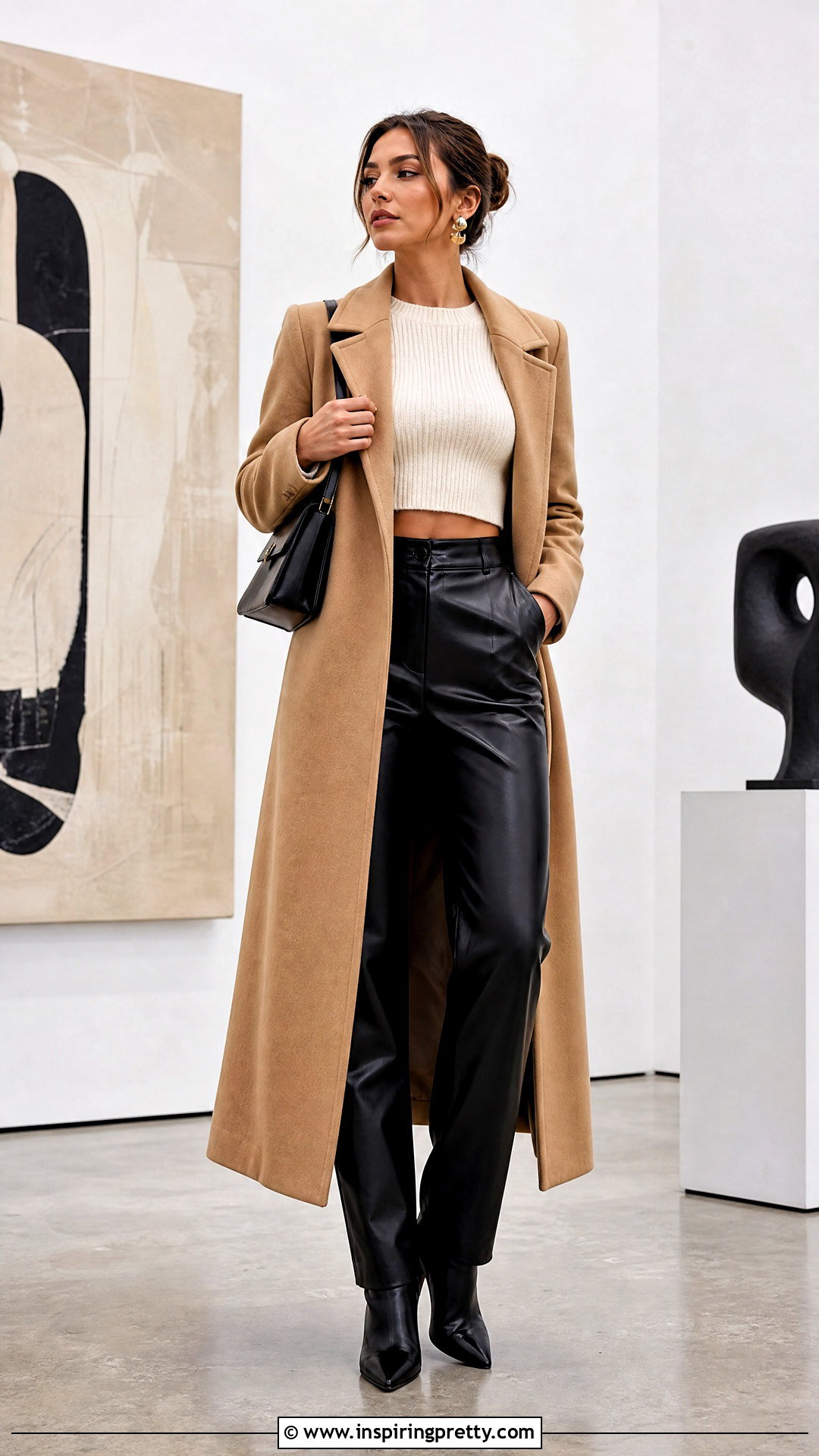 Long Sleeve Knitted Crop Top With Faux Leather Pants - 20 knitted crop top long sleeve outfit ideas