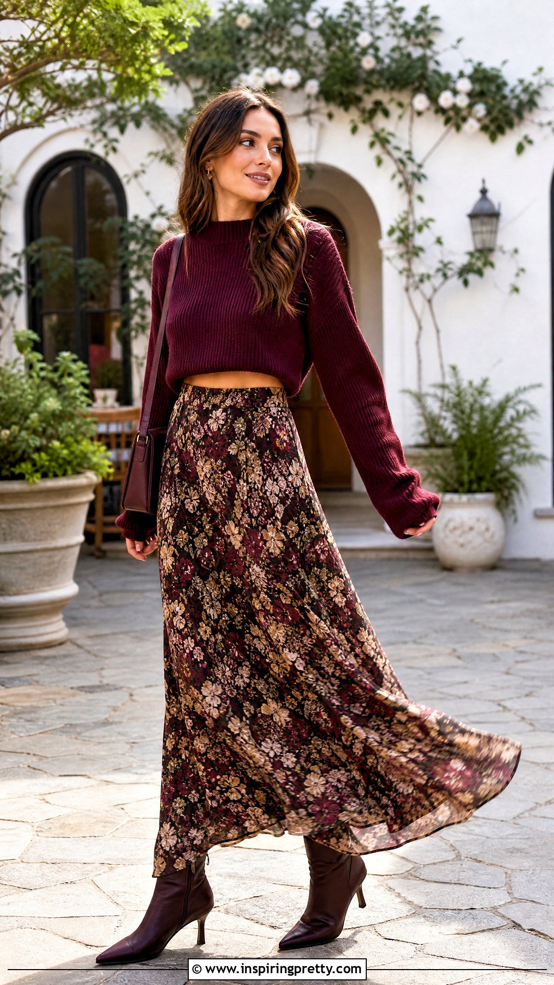Long Sleeve Knitted Crop Top With Printed Maxi Skirt - 20 knitted crop top long sleeve outfit ideas