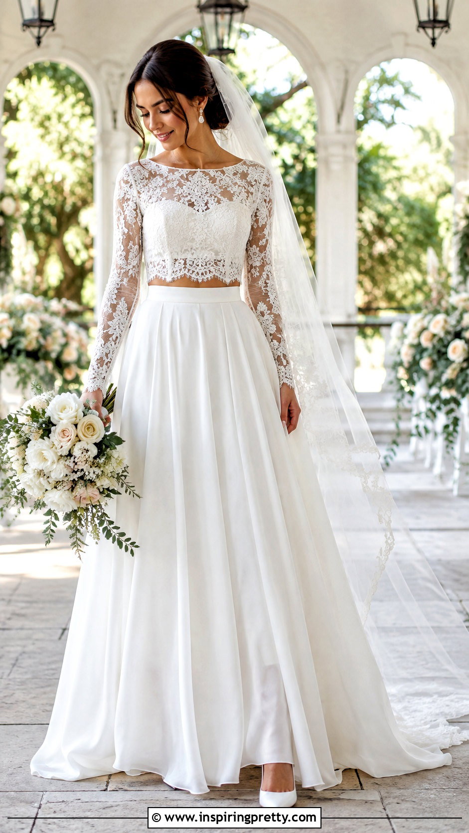 Long Sleeve Lace Crop Top Bridal Dress - 25 crop top bridal dress outfit ideas