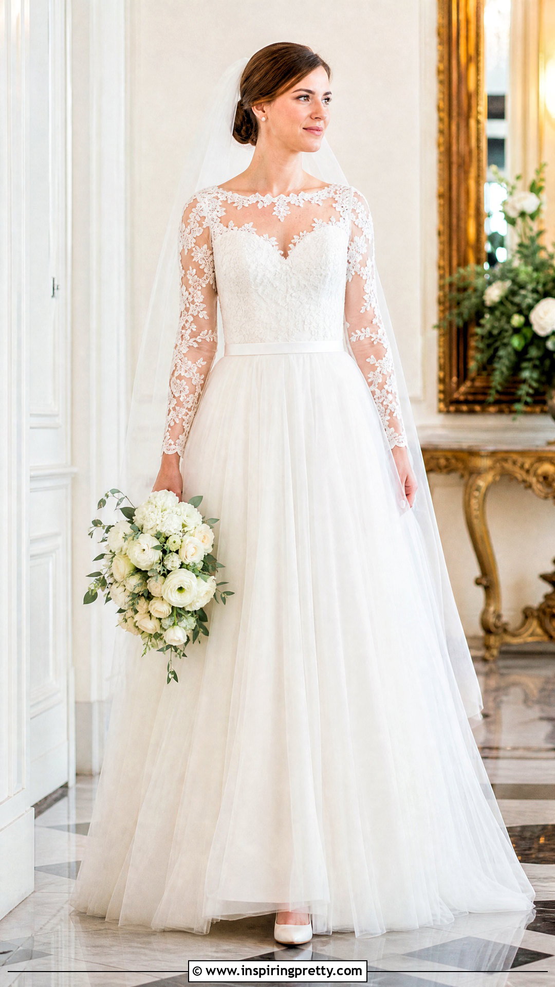 Long Sleeve Lace Top Tulle Wedding Dress - 25 lace top flowy bottom wedding dress outfit ideas