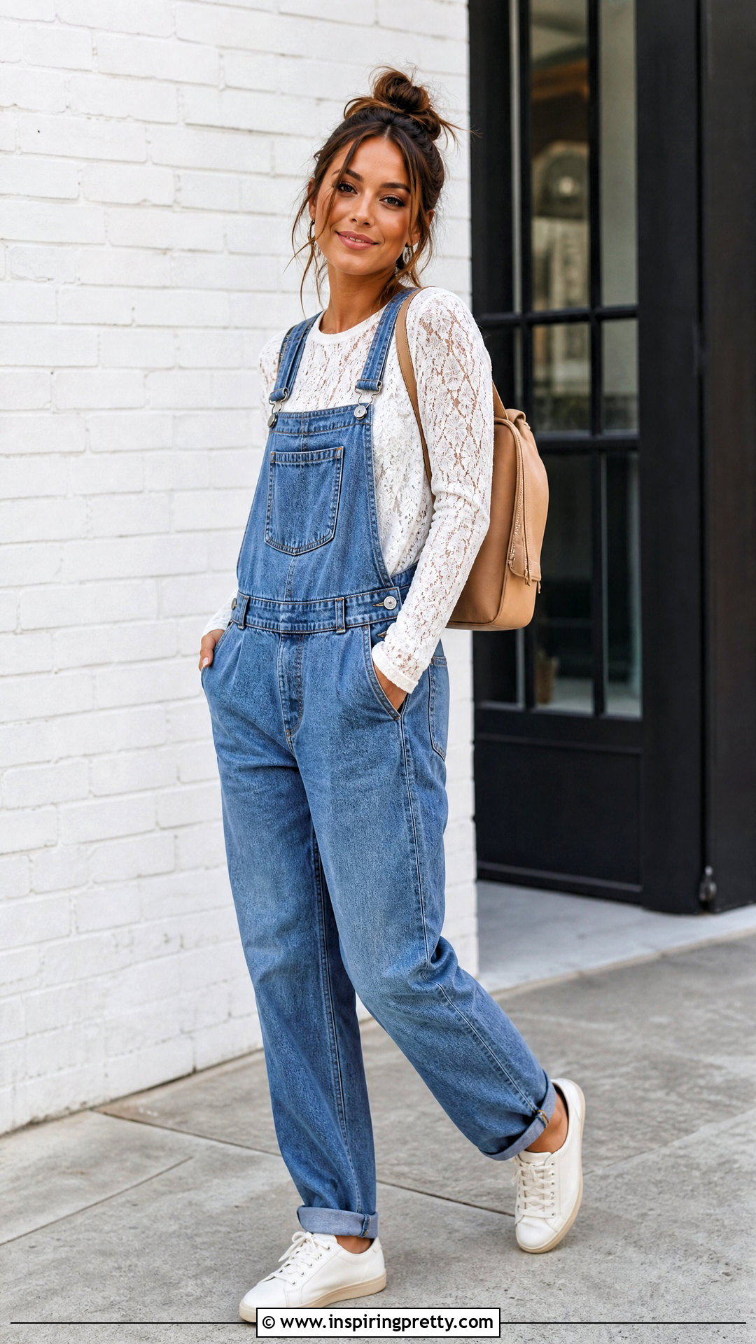 Long Sleeve Lace Top With Denim Overalls - 50 long sleeve lace top outfit ideas