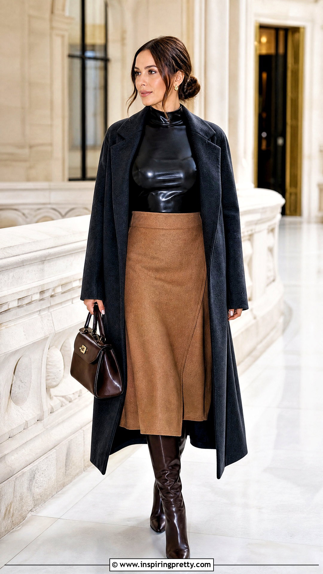 Long Sleeve Latex Top With Wool Midi Skirt - 50 latex top outfit ideas