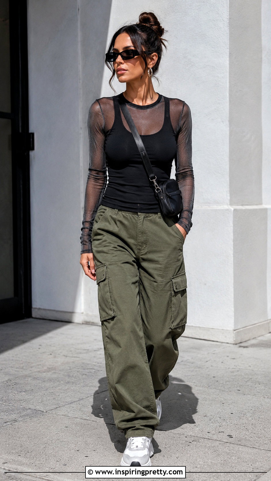 Long Sleeve Mesh Sheer Top With Cargo Pants - 20 mesh sheer top outfit ideas