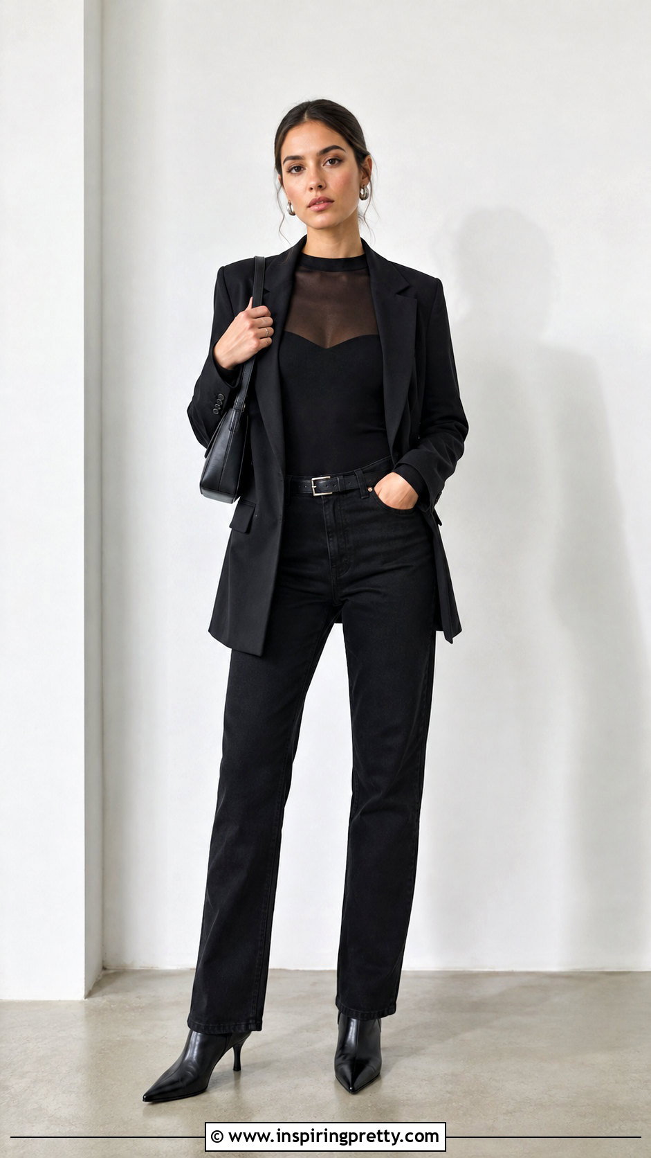 Long Sleeve Mesh Top With Black Jeans - 50 Women Tops Outfit ideas