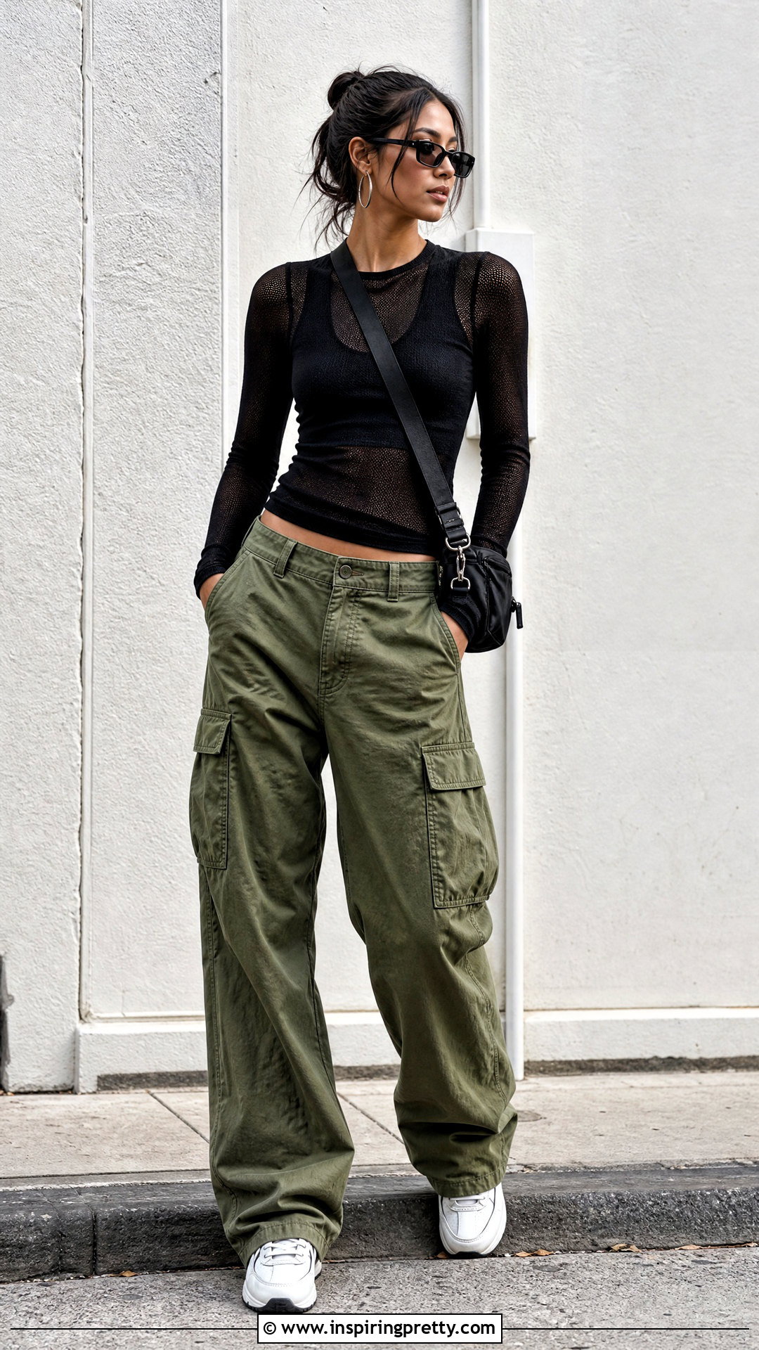 Long Sleeve Mesh Top With Cargo Pants - 50 mesh top outfit aesthetic ideas