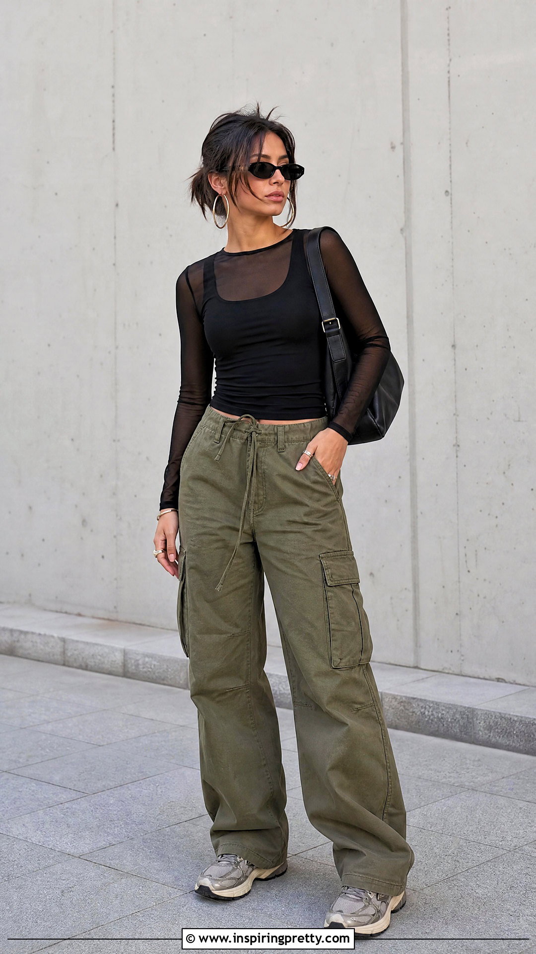 Long Sleeve Mesh Top With Cargo Pants - 50 mesh tops outfit ideas