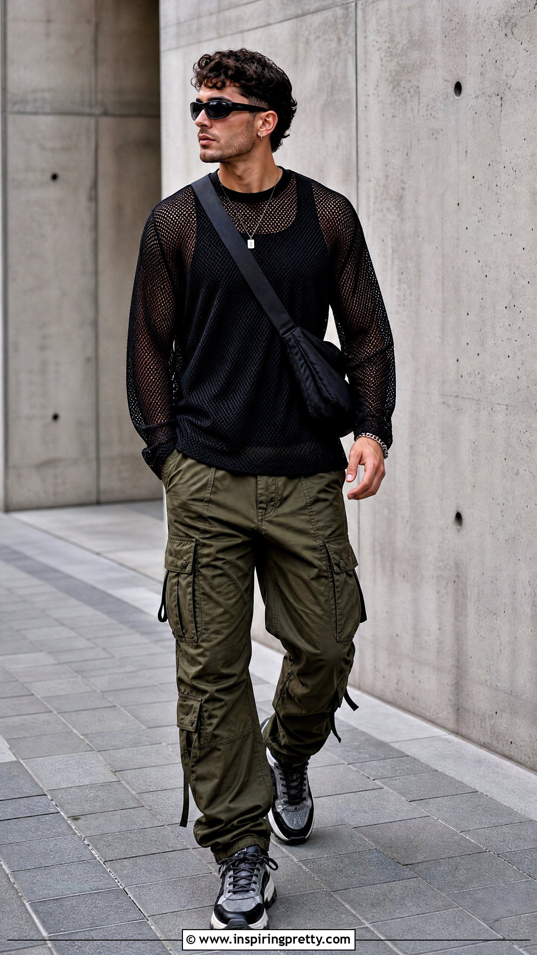 Long Sleeve Mesh Top With Cargo Pants - 20 men’s mesh top outfit ideas