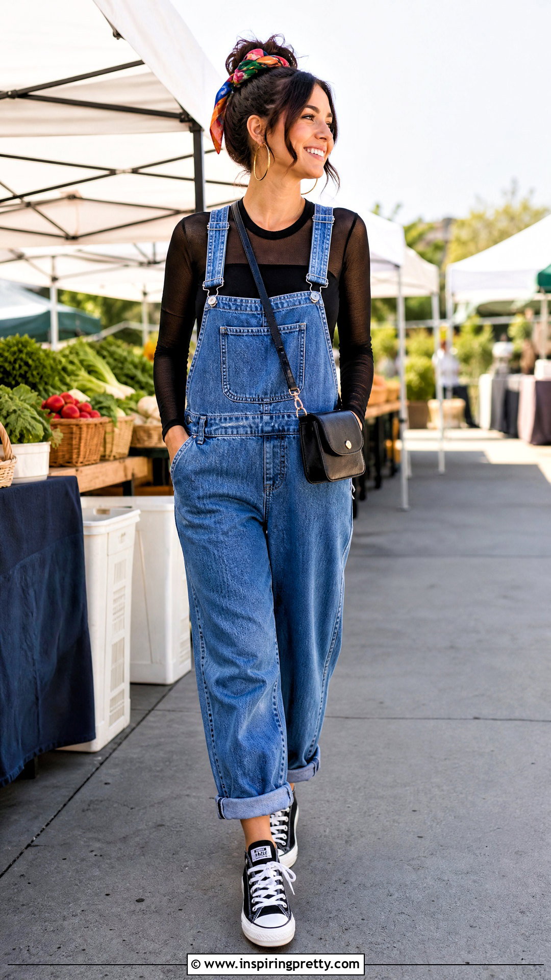 Long Sleeve Mesh Top With Denim Overalls - 20 Mesh Top Longsleeve Outfit ideas