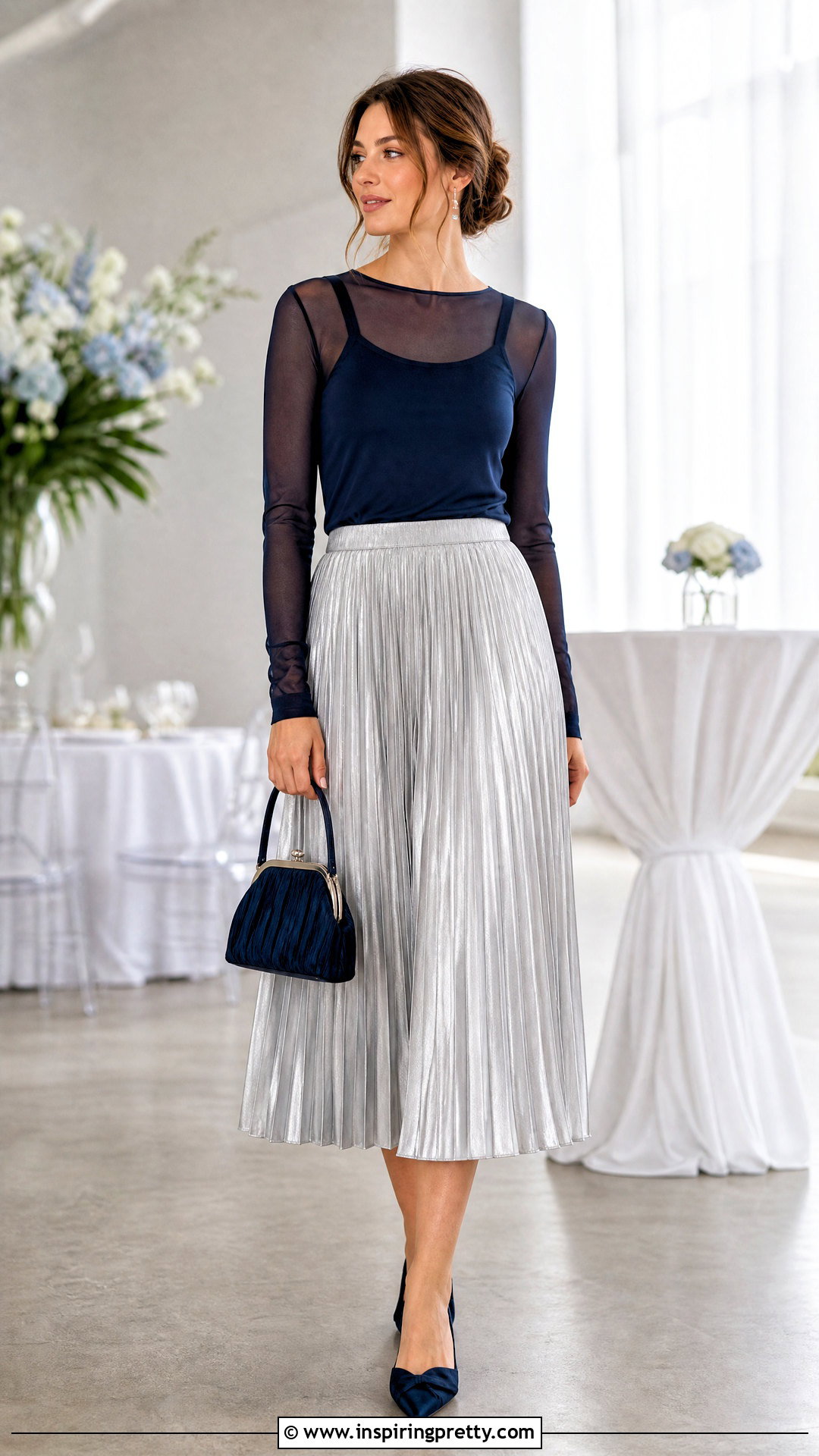 Long Sleeve Mesh Top With Pleated Midi Skirt - 20 Mesh Top Longsleeve Outfit ideas