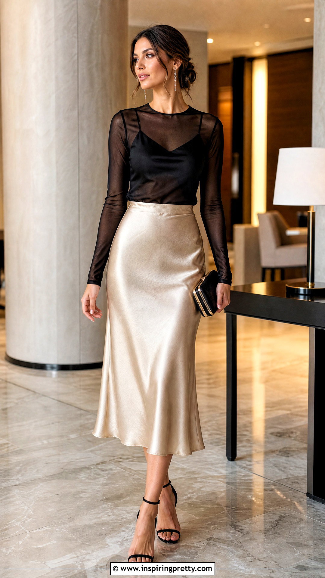 Long Sleeve Mesh Top With Satin Midi Skirt - 50 mesh top outfit ideas
