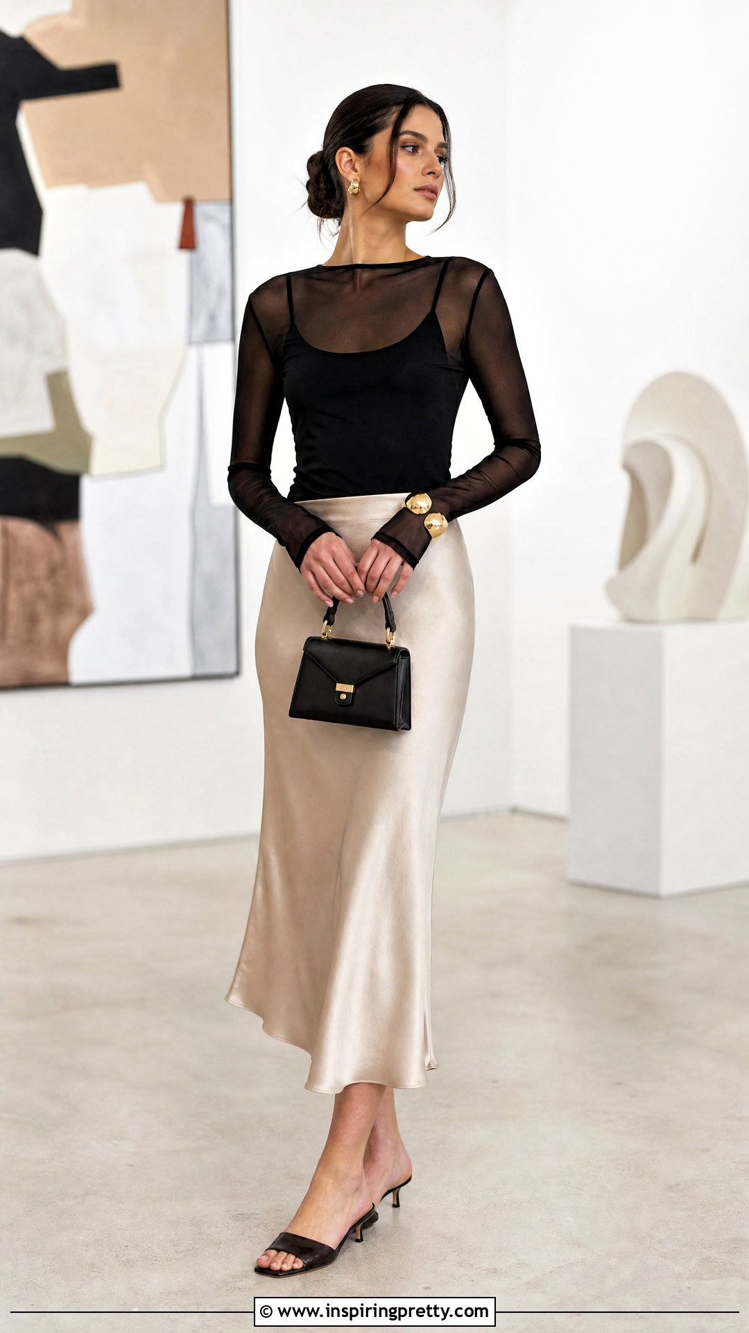 Long Sleeve Mesh Top With Satin Midi Skirt - 20 sheer mesh summer top outfit ideas