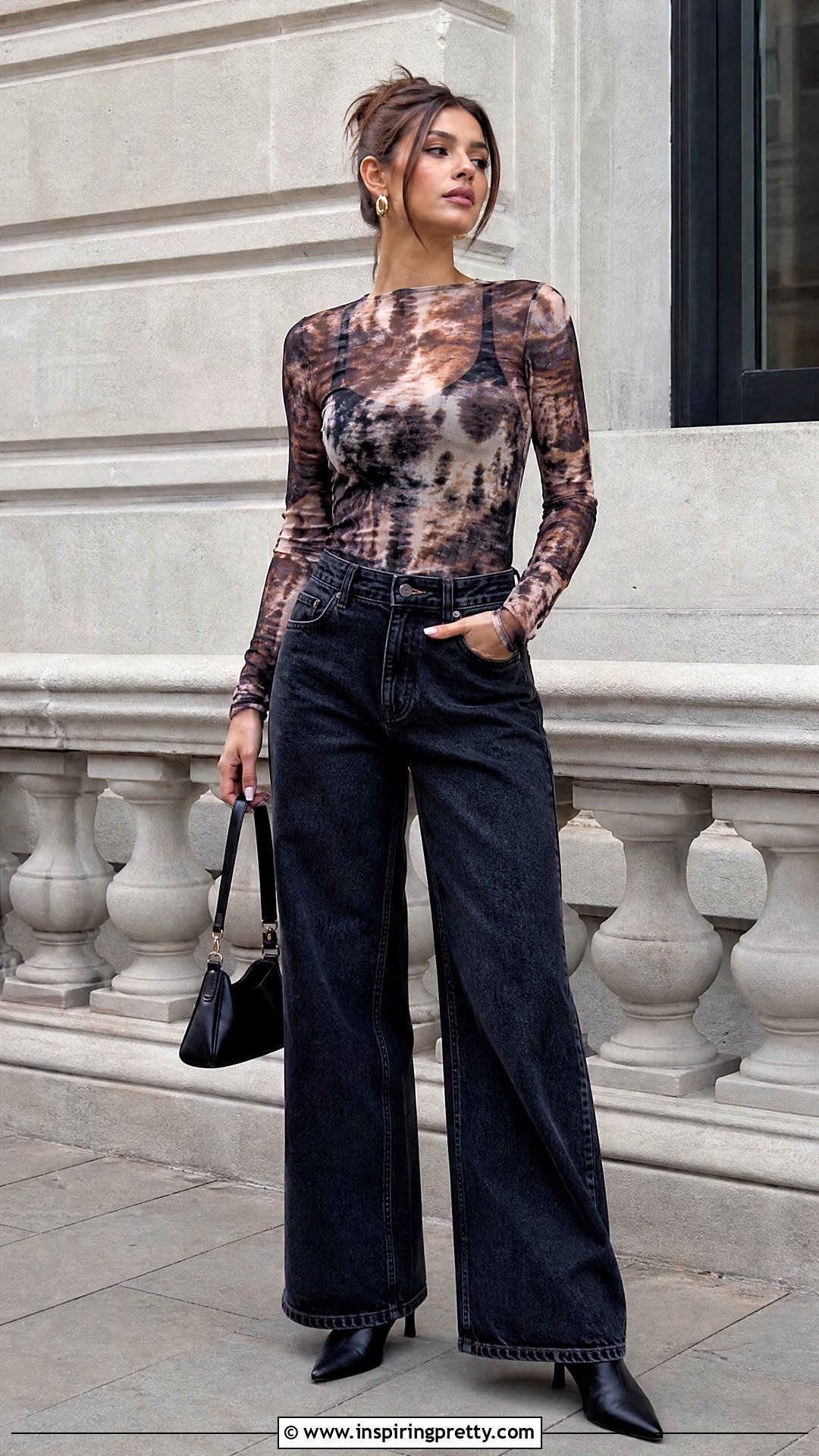 Long Sleeve Mesh Top With Wide Leg Jeans - 50 beautiful tops outfit ideas