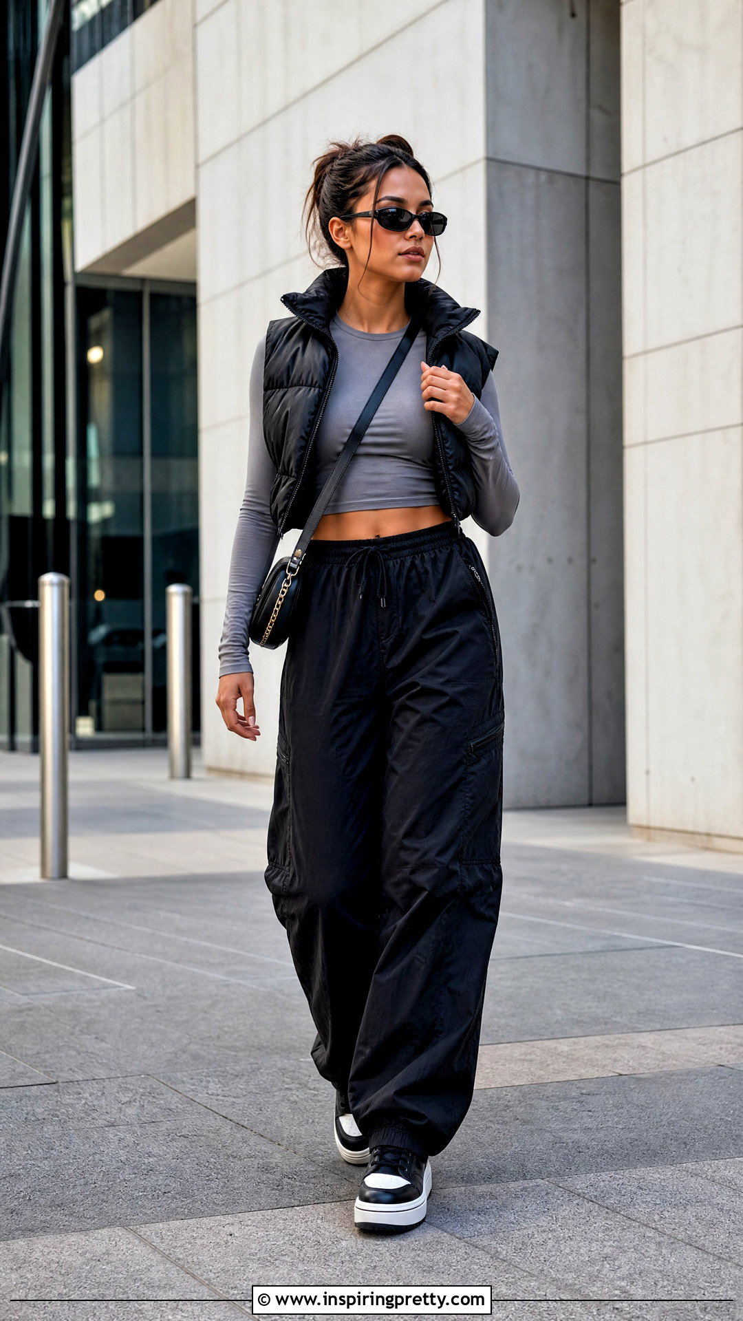 Long Sleeve Micro Mini Top With Parachute Pants - 25 micro mini tops outfit ideas