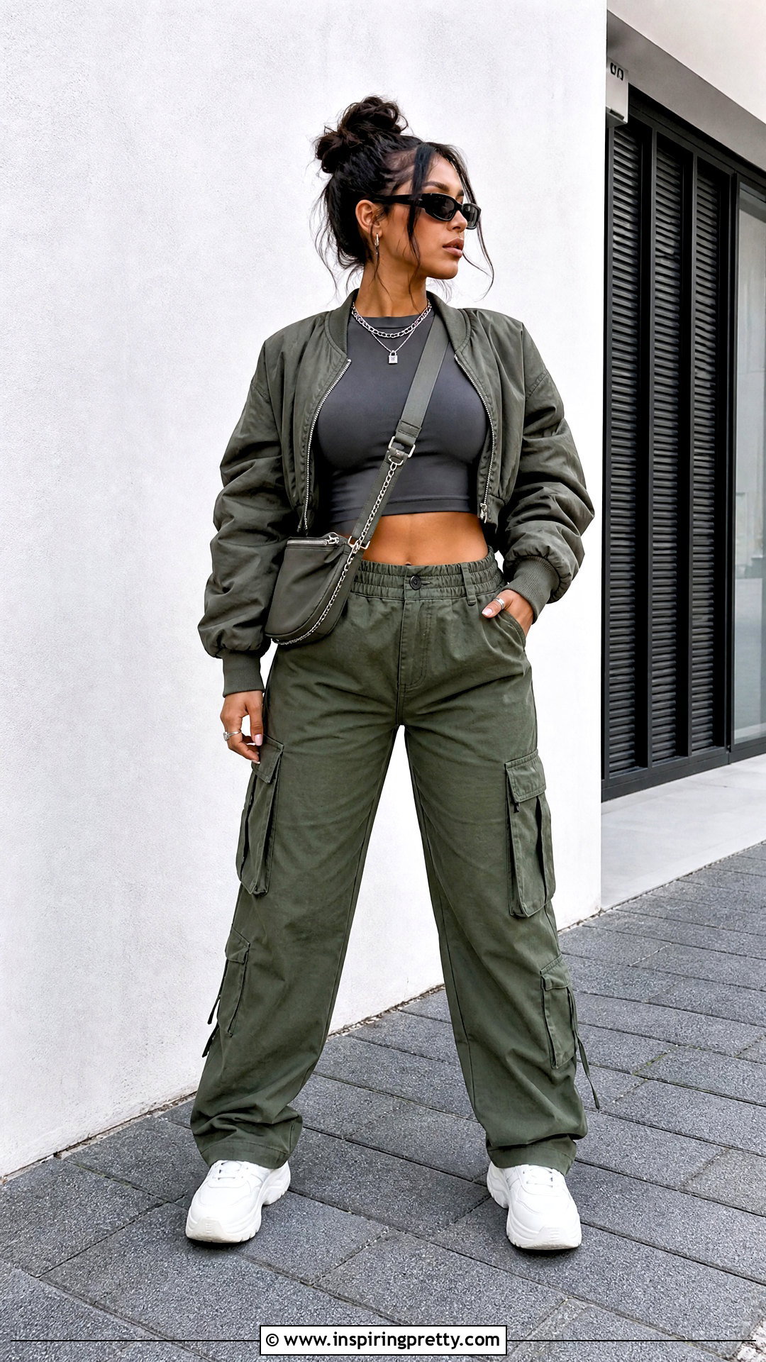 Long Sleeve Mini Crop Top With Cargo Pants - 50 mini crop top outfit ideas