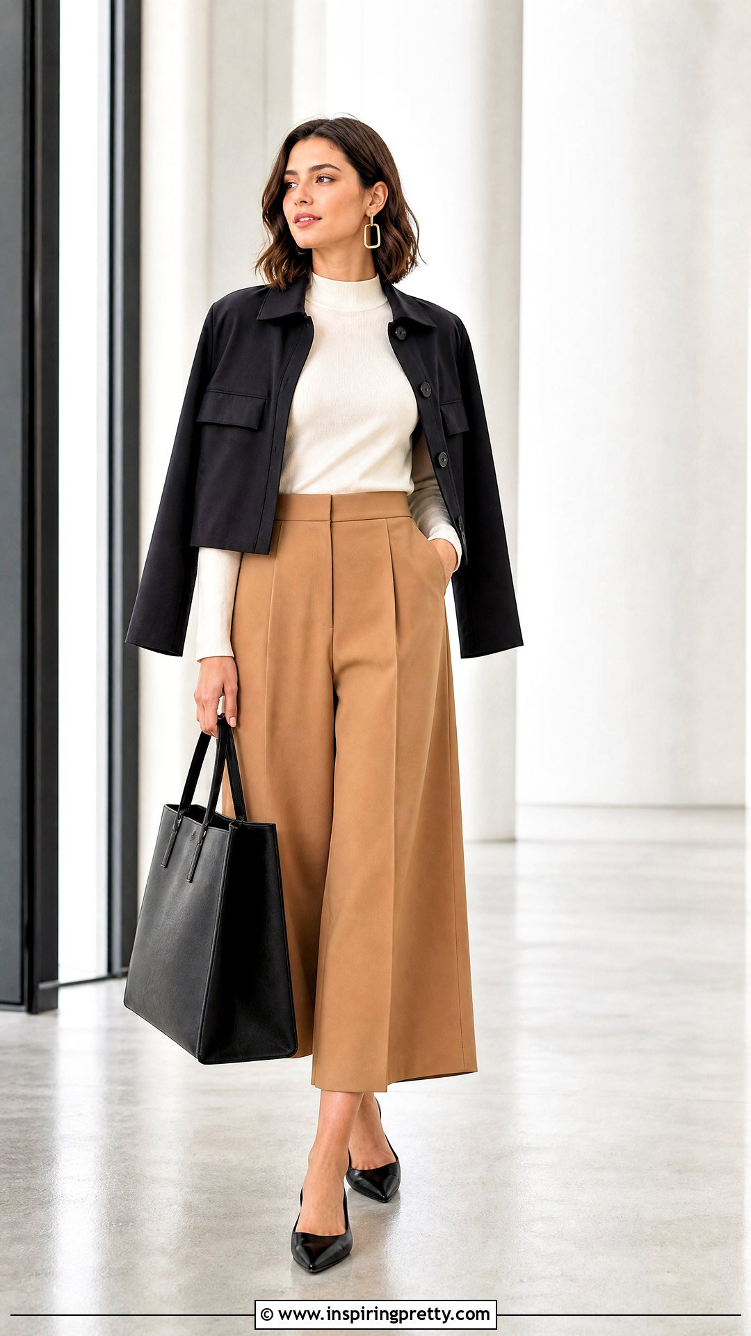 Long Sleeve Mock Neck Top With Culottes - 50 long sleeve tops outfit ideas
