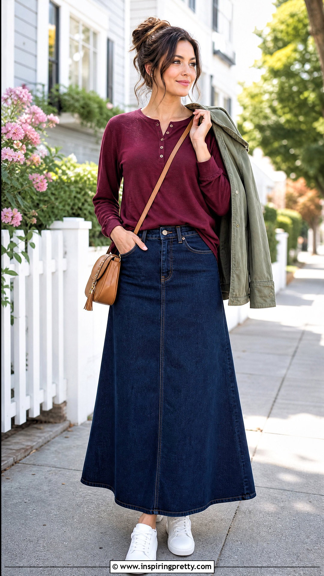 Long Sleeve Modest Henley Top With Maxi Skirt - 50 modest tops for women