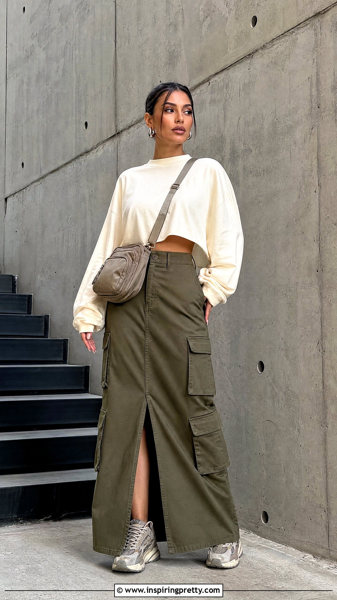 Long Sleeve Oversized Crop Top With Cargo Maxi Skirt - 25 Long Sleeve Oversized Crop Top outfit ideas