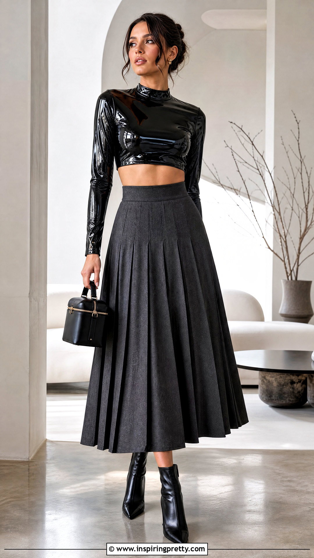 Long Sleeve PVC Crop Top With Pleated Skirt - 20 pvc crop top outfit ideas