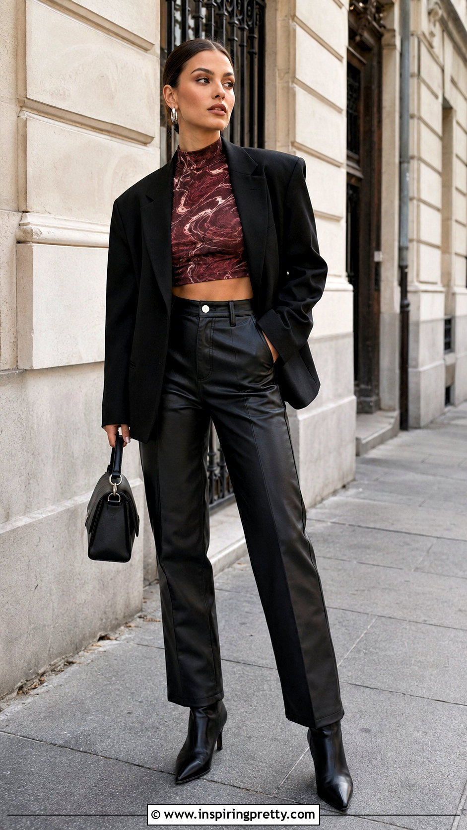 Long Sleeve Patterned Crop Top With Faux Leather Pants - 20 Patterned Crop Top Style outfit ideas