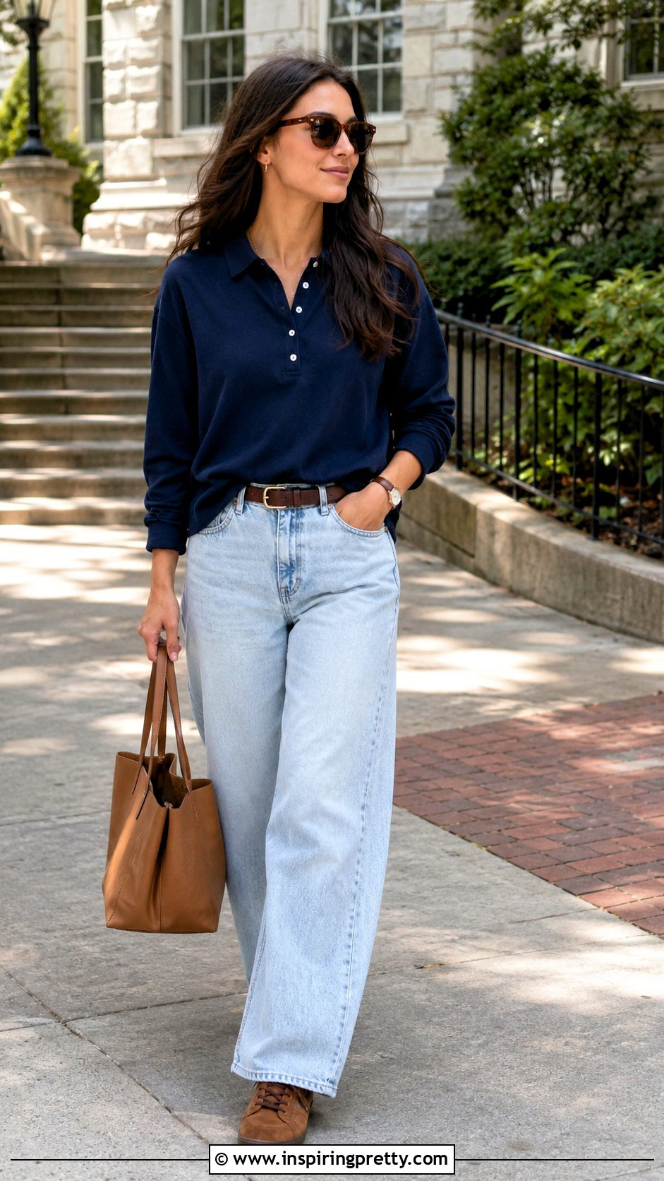 Long Sleeve Polo Top With Relaxed Jeans - 20 comfy long sleeve tops outfit ideas