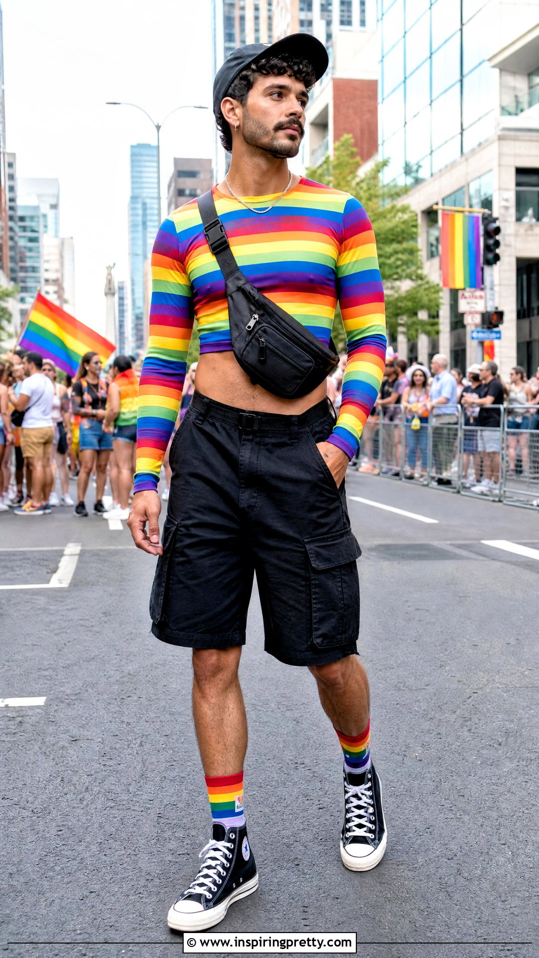 Long Sleeve Pride Crop Top With Cargo Shorts - 20 pride crop top men outfit ideas