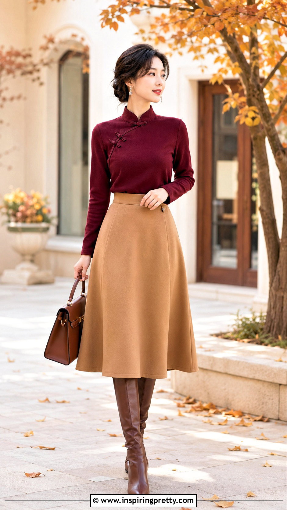 Long Sleeve Qipao Top With Midi Skirt - 50 qipao top outfit ideas