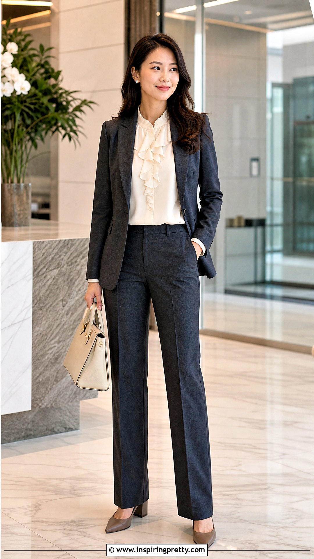 Long Sleeve Ruffle Top With Dark Trousers - 50 long sleeve tops outfit ideas