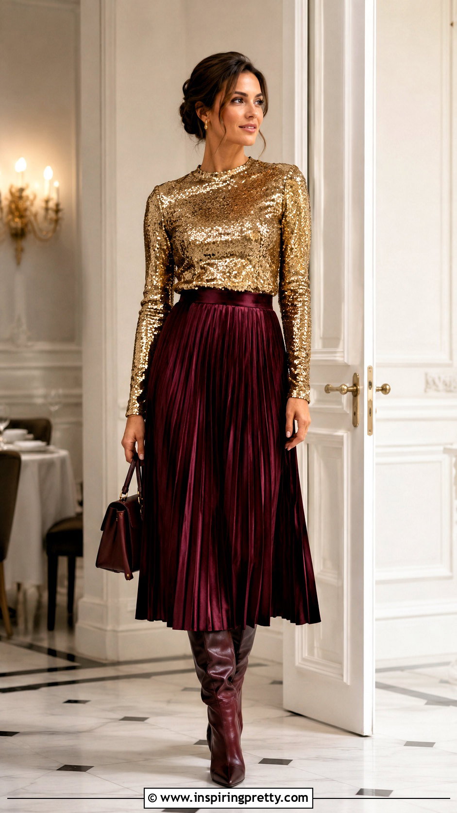 Long Sleeve Sequin Top And Pleated Midi Skirt Outfit - 20 sequin top fashion trends