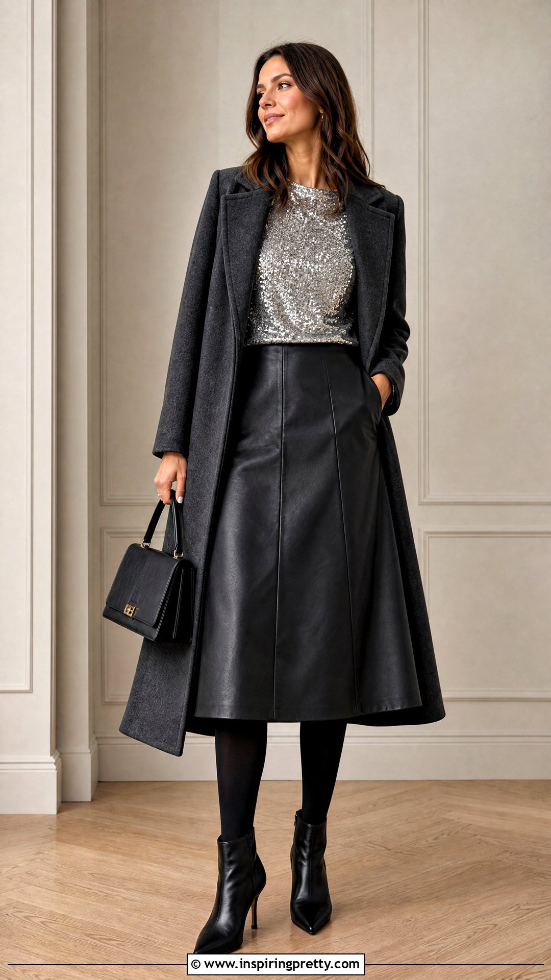 Long Sleeve Sequin Top With Leather Skirt - 50 Sequin Top outfit ideas