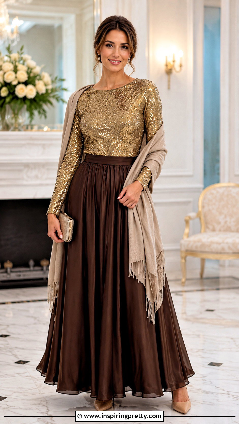 Long Sleeve Sequin Top With Maxi Skirt - 50 sequin top outfit parties