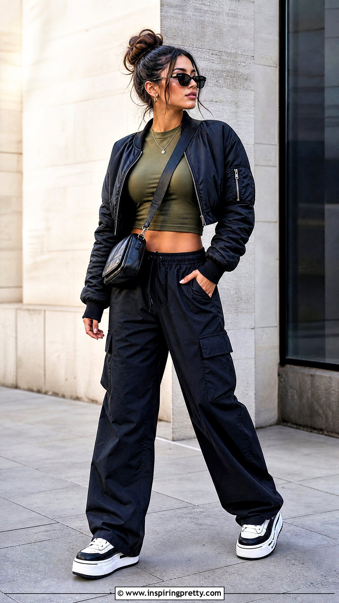 Long Sleeve Short Crop Top With Cargo Pants - 25 long sleeve short crop top outfit ideas