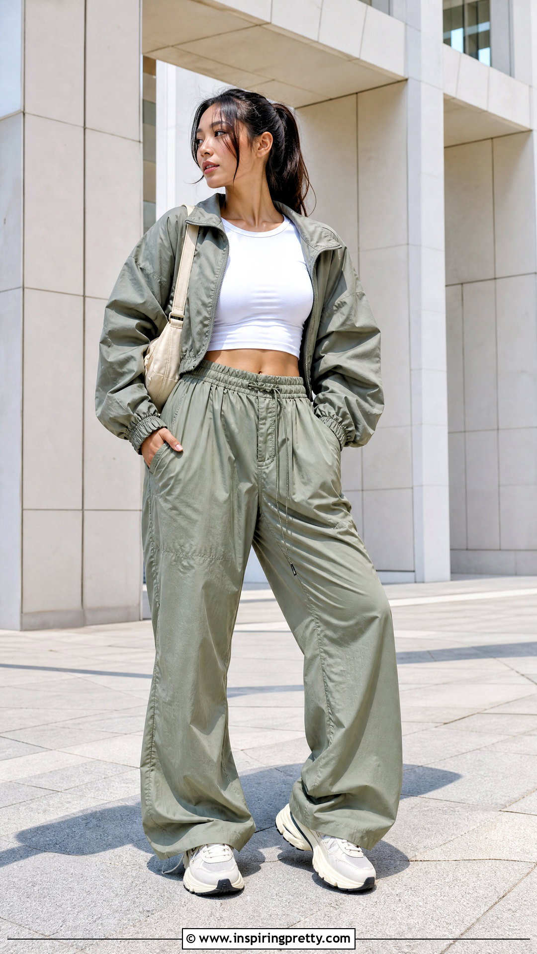 Long Sleeve Short Crop Top With Parachute Pants - 25 long sleeve short crop top outfit ideas