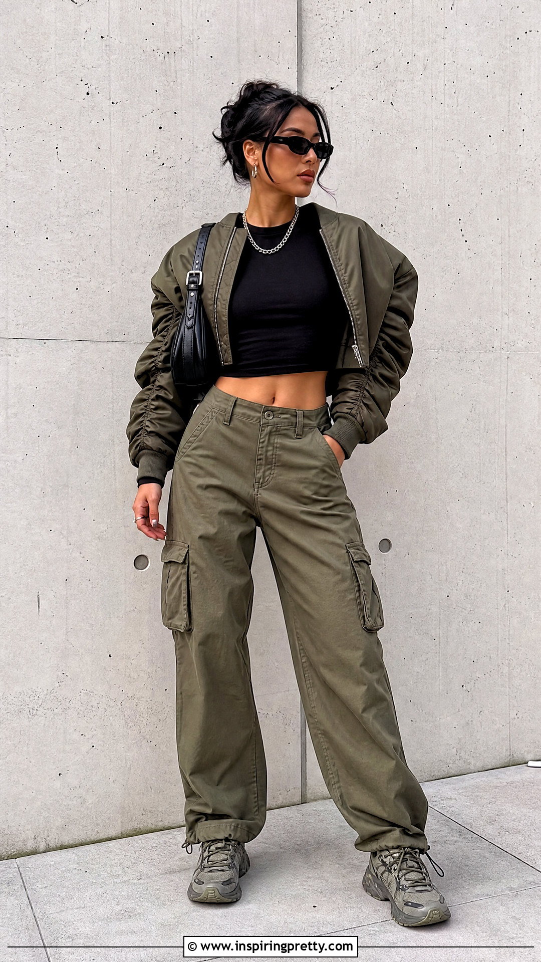 Long Sleeve Short Top With Cargo Pants - 50 short tops outfit ideas