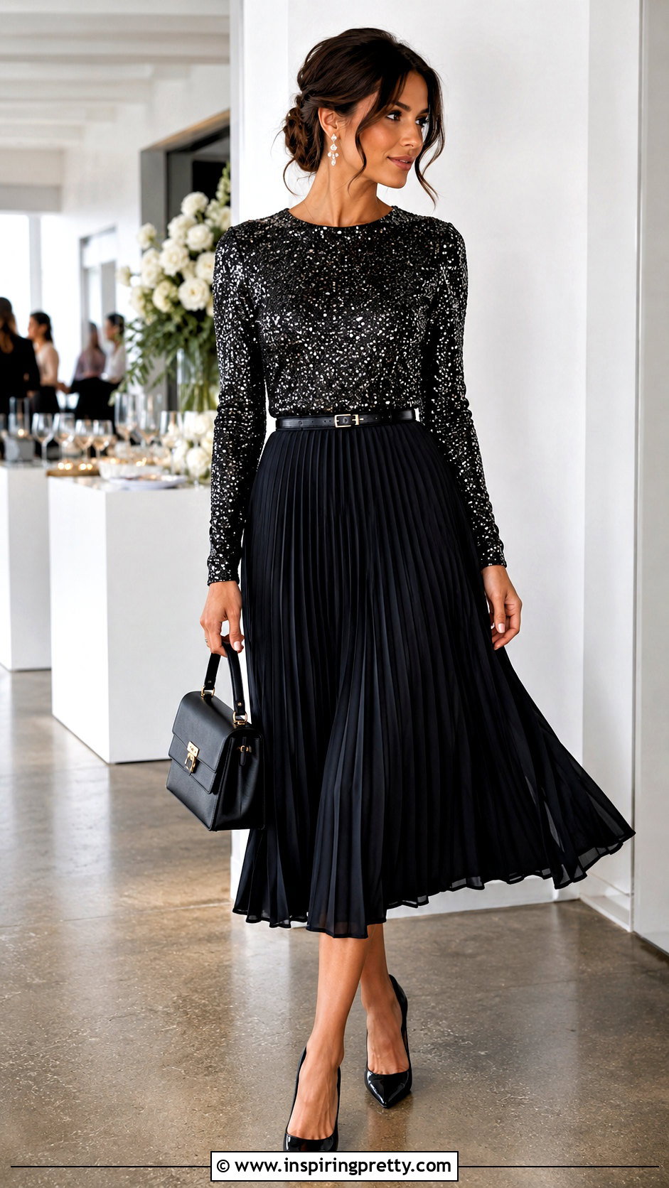 Long Sleeve Sparkle Top With Pleated Skirt - 50 sparkle top outfit ideas
