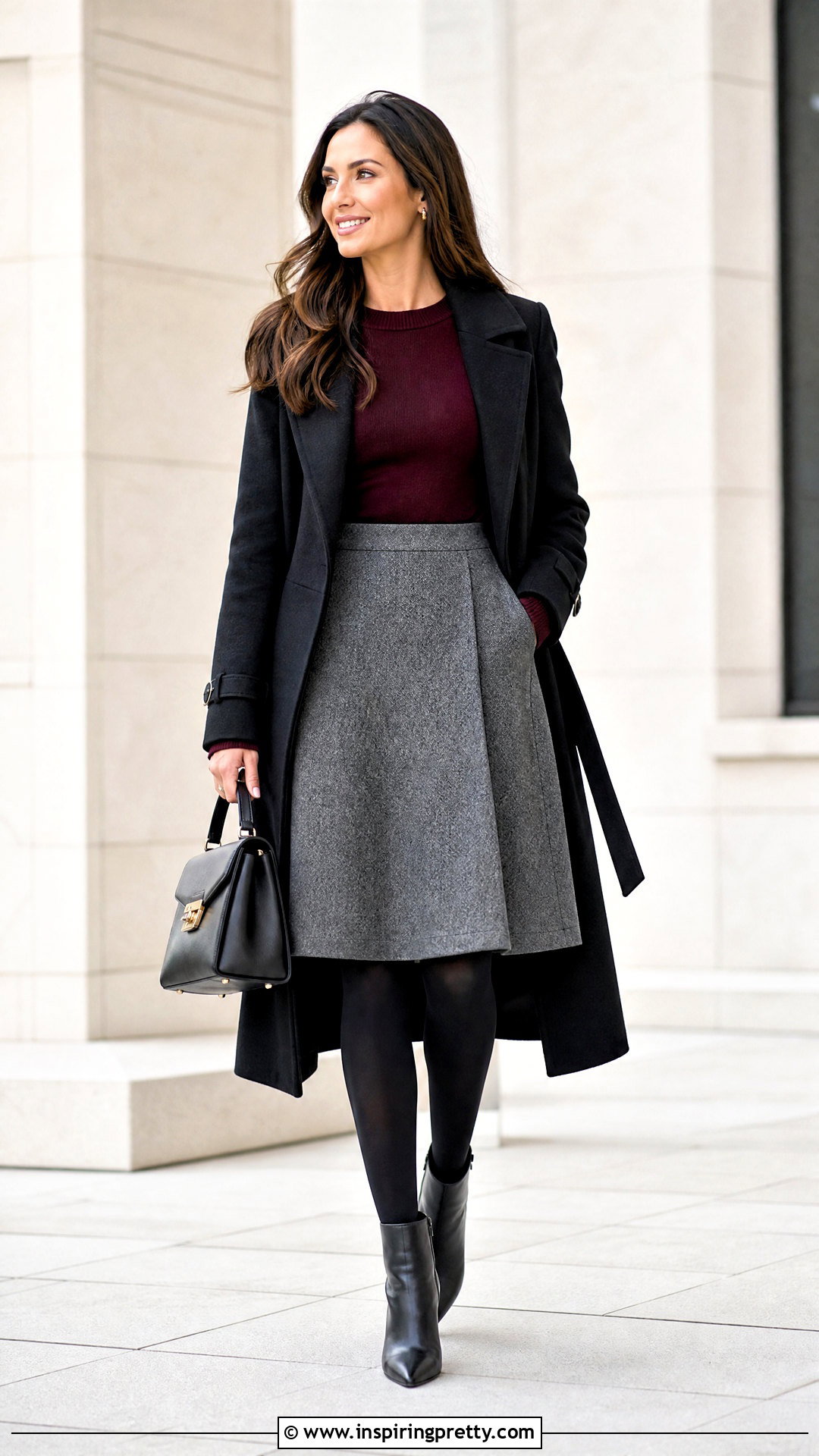 Long Sleeve Top And Flare Skirt With Tights Outfit - 50 flare skirt and top outfit ideas