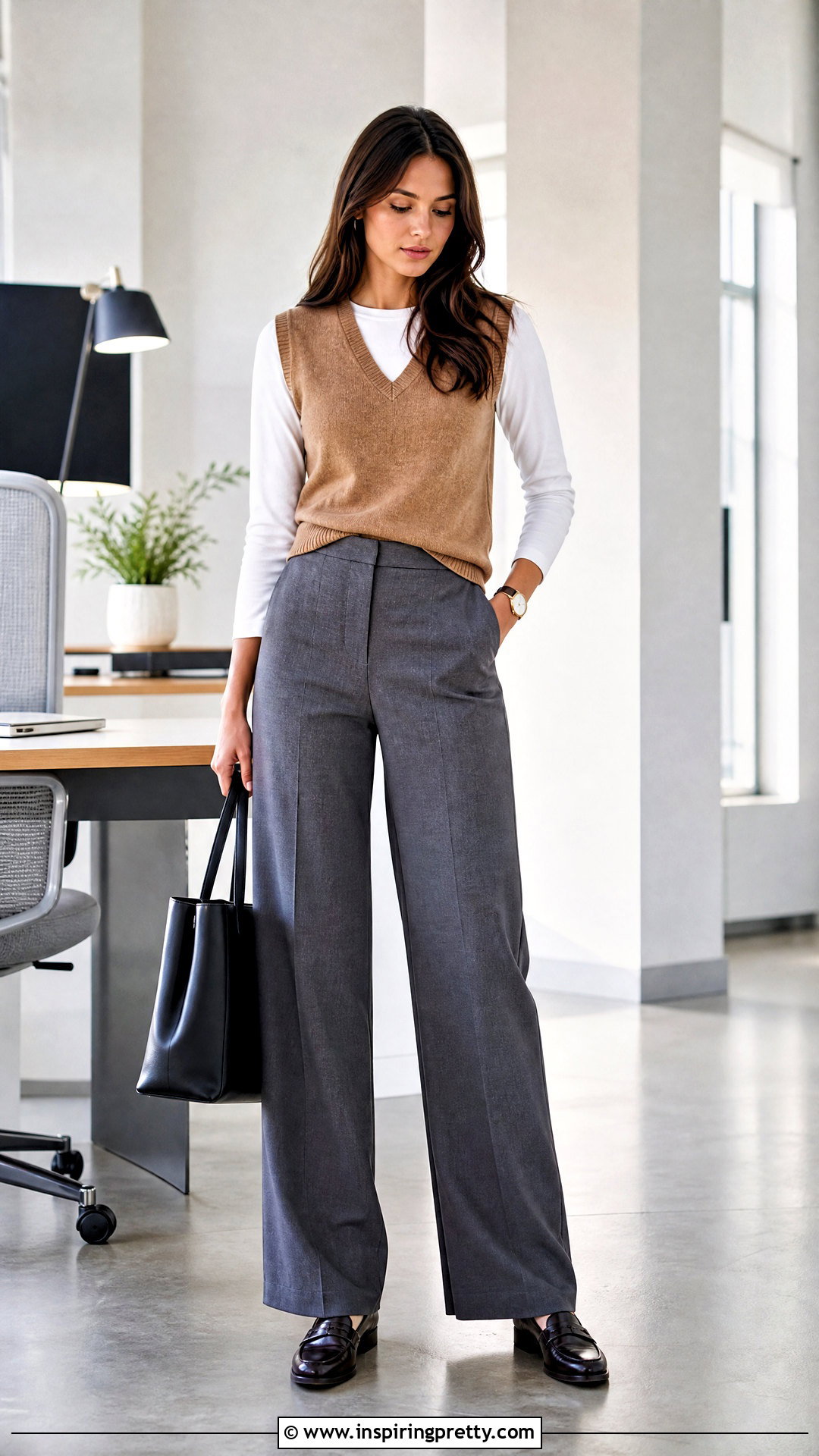 Long Sleeve Top Under Sweater Vest With Trousers - 50 cute long sleeve tops outfit ideas