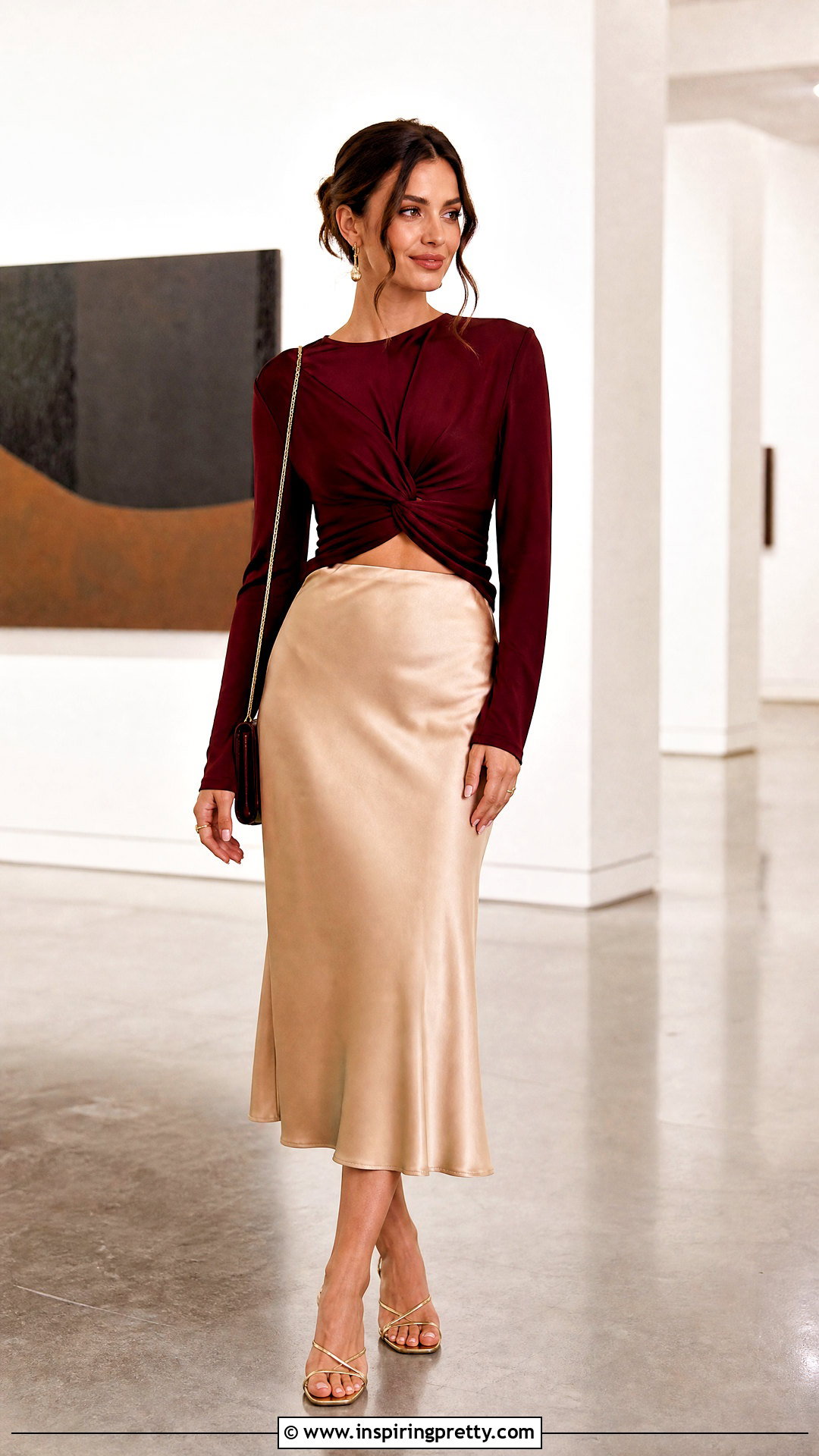 Long Sleeve Twist Knot Front Top With Satin Midi Skirt - 20 Twist Knot Front Top outfit ideas