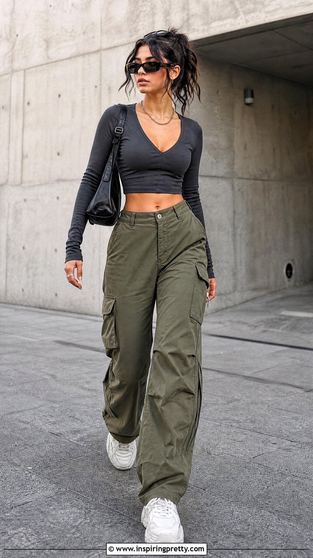 Long Sleeve V Neck Crop Top With Cargo Pants - 25 Long Sleeve V Neck Crop Top outfit ideas