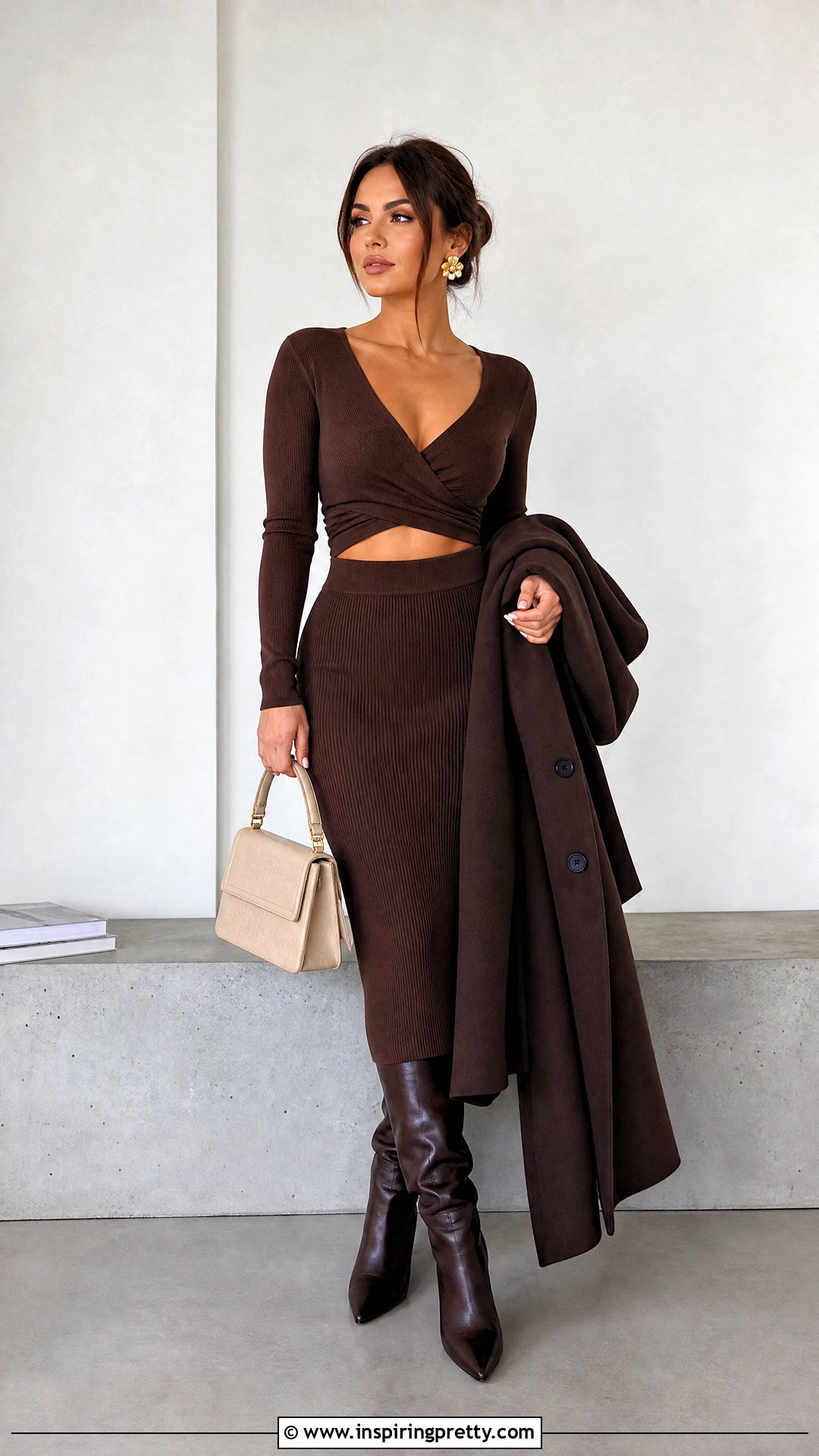 Long Sleeve V Neck Crop Top With Matching Knit Skirt - 25 Long Sleeve V Neck Crop Top outfit ideas
