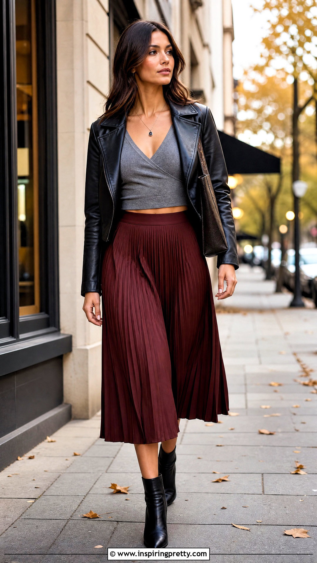 Long Sleeve V Neck Crop Top With Midi Skirt And Leather Jacket - 25 Long Sleeve V Neck Crop Top outfit ideas
