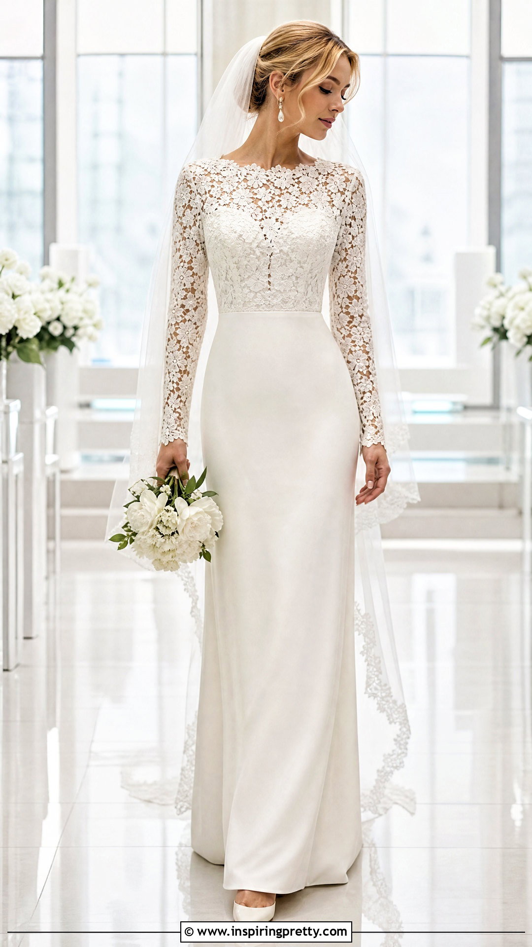 Long Sleeve Wedding Dress With Lace Top And Crepe Skirt - 25 Wedding Dresses Lace Top Plain Skirts
