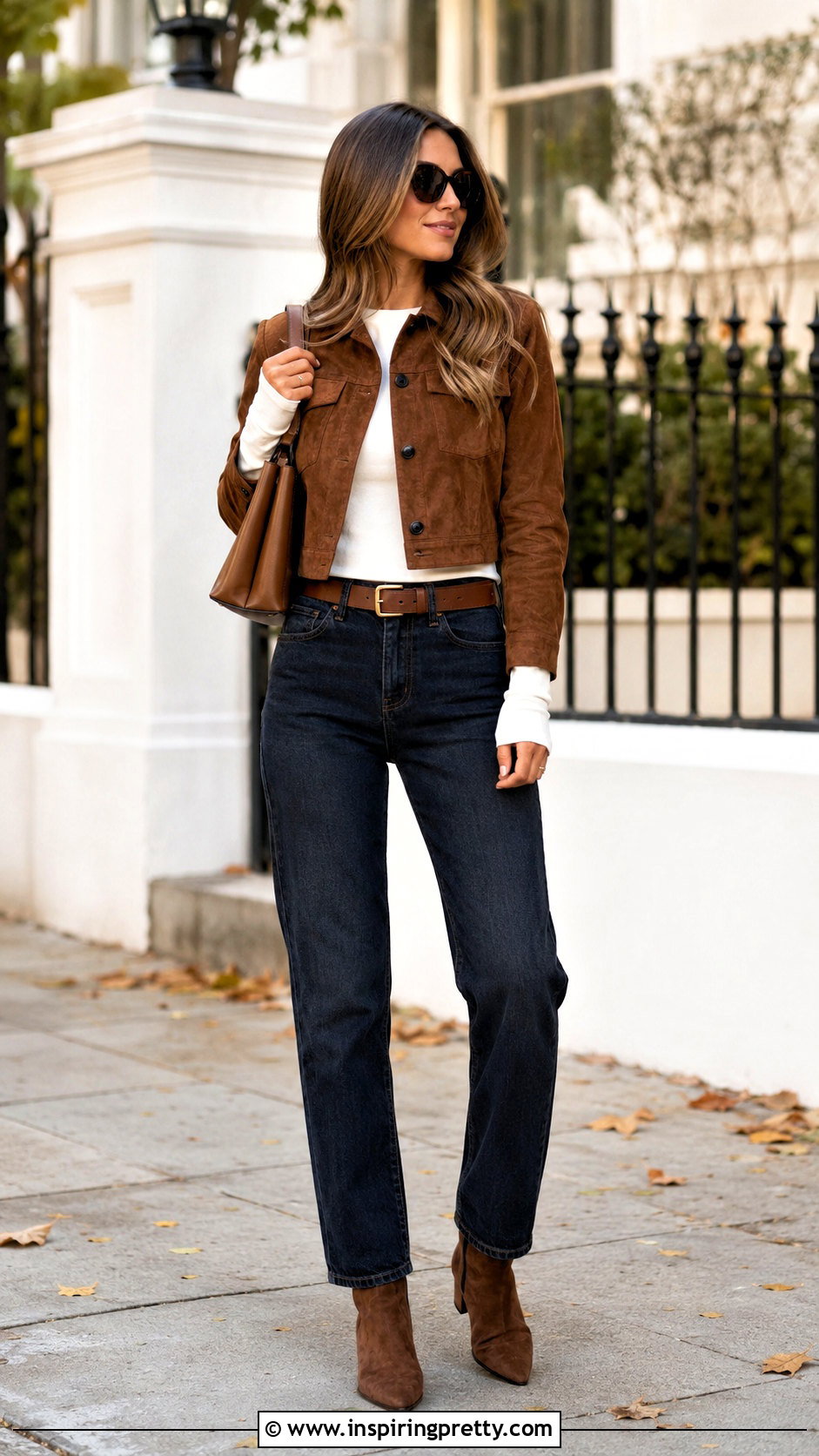 Long Sleeve White Top With A Brown Suede Jacket - 50 long sleeve white top outfits