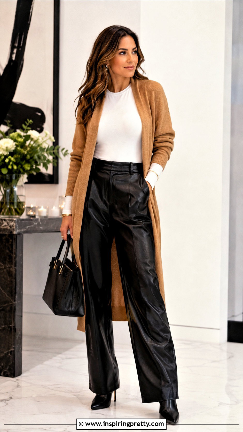 Long Sleeve White Top With Faux Leather Pants - 50 long sleeve white top outfits
