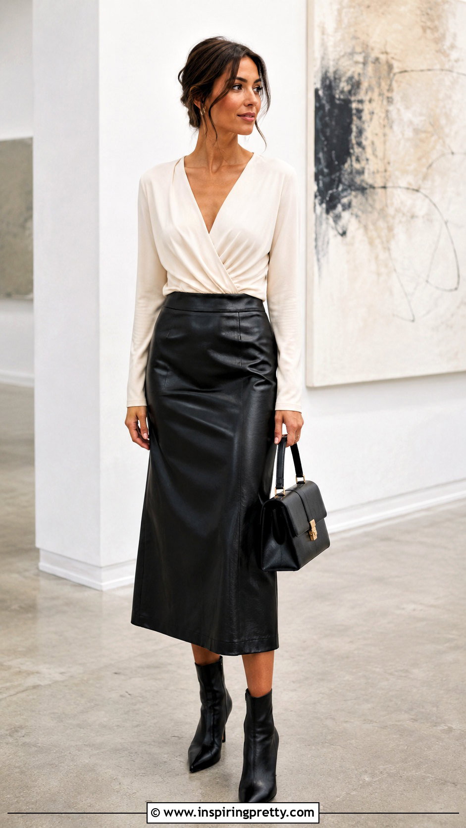 Long Sleeve Wrap Top With Faux Leather Midi Skirt - 50 wrap top outfit classy ideas