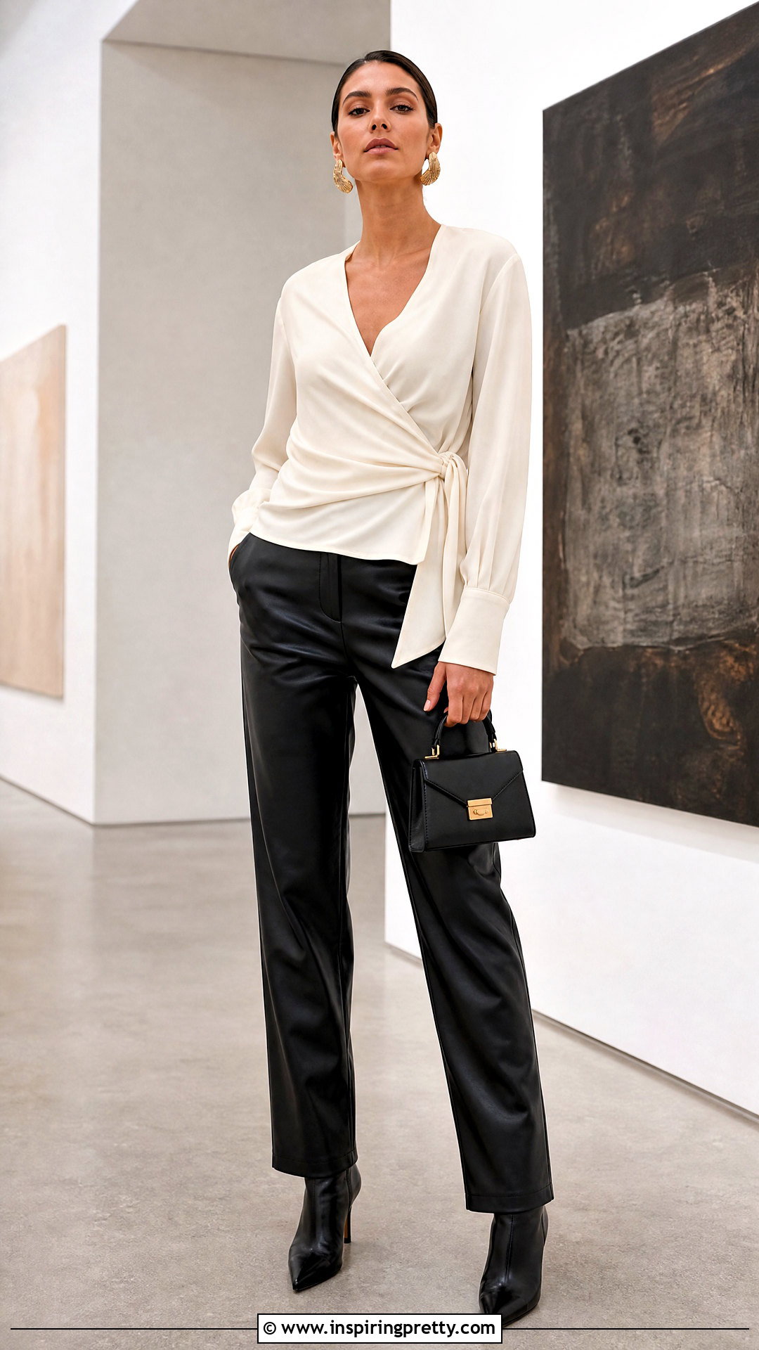 Long Sleeve Wrap Top With Leather Pants - 50 wrap top outfit ideas