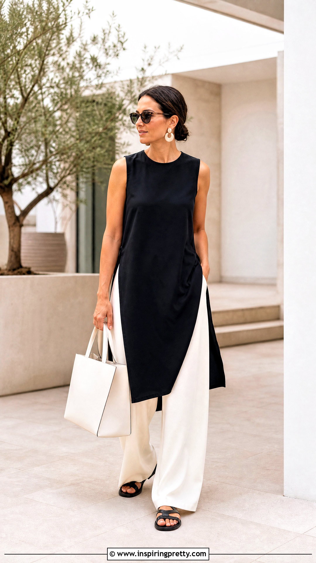 Long Sleeveless Tunic With Wide Leg Trousers - 50 long tunic tops outfit ideas