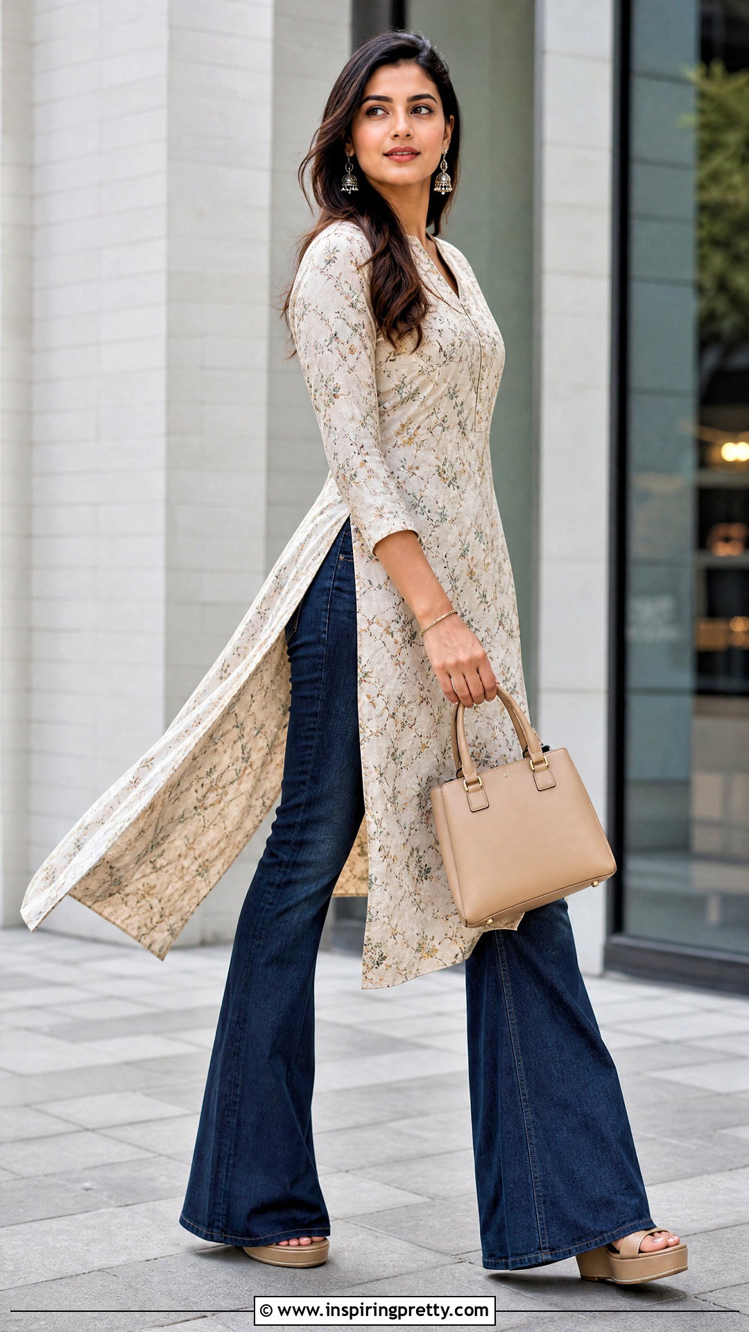 Long Slit Kurti Top With Flared Jeans - 50 kurti top outfit ideas