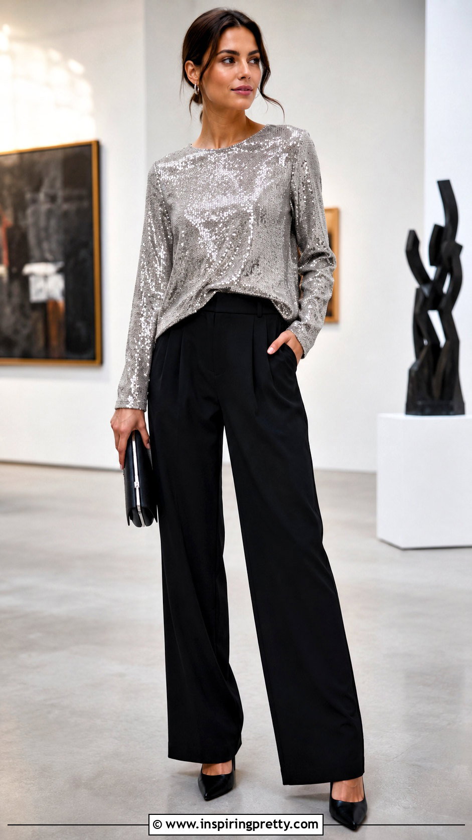 Long Sparkly Top With Black Trousers - 20 long sparkly top outfit ideas